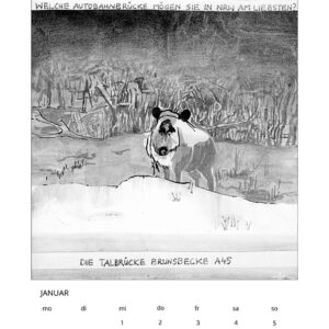 Kalender 2014_Fragen an deutsche und in Deutschland lebende Tiere, Januar, Tuschezeichnung/Digitaldruck, 21x29cm 2013