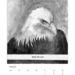 Kalender 2014_Fragen an deutsche und in Deutschland lebende Tiere, August, Tuschezeichnung/Digitaldruck, 21x29cm