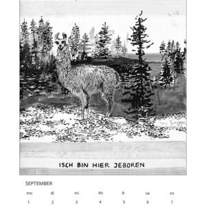 Kalender 2014_Fragen an deutsche und in Deutschland lebende Tiere, September, Tuschezeichnung/Digitaldruck, 21x29cm