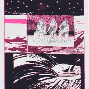 In einem kleinen Ausschnitt des Bildes sitzten drei Mädchen mit kleinen Einhörnern auf dem Schoß. drumherum ein Sternenhimmel und eine art landschaft mit einem See