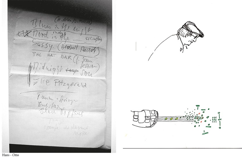 Zeichnung von hans-otto une einem Fuß, der auf Notenlinien läuft, foto von hans-ottos Workshopnotizen